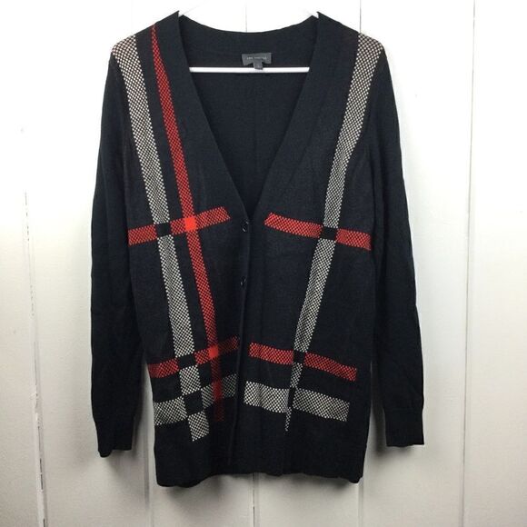 The Limited Black Button Front Cardigan Sweater with Cream & Red Plaid - Small - Picture 1 of 7
